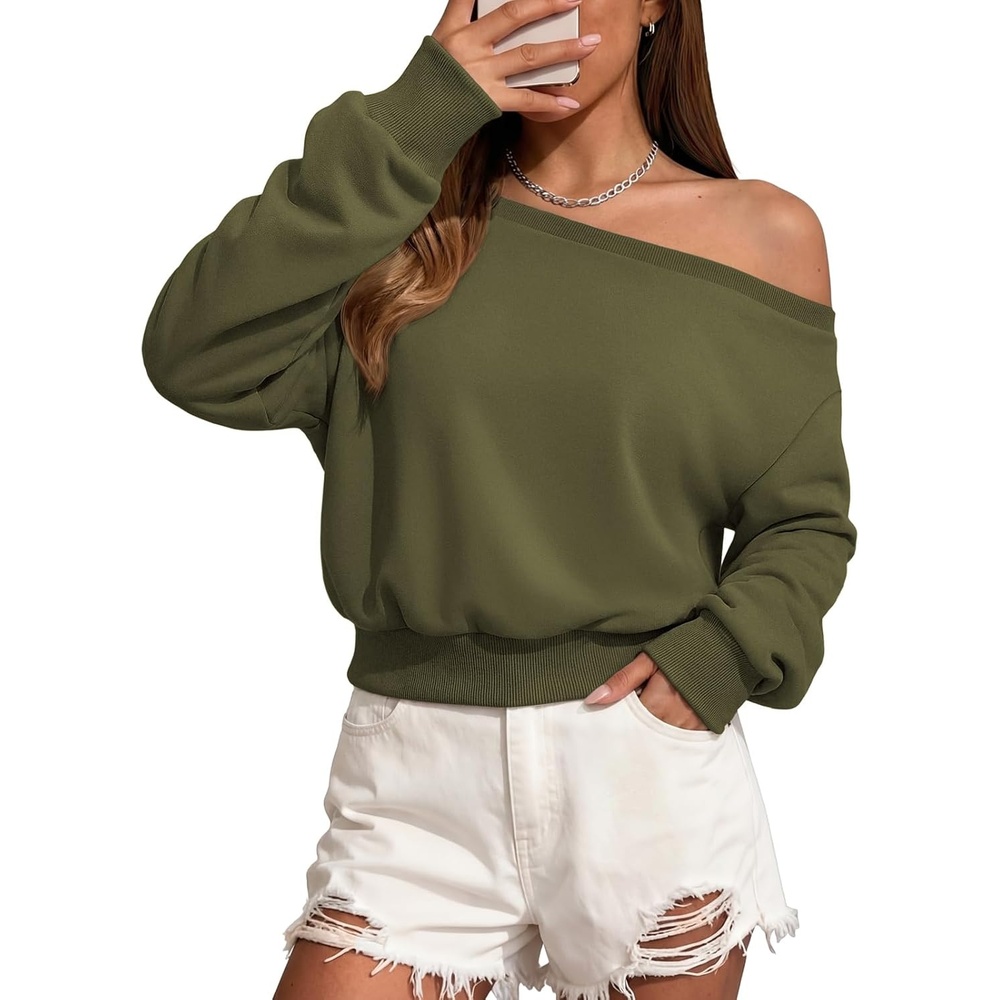 image:imageATHMILE Womens Off the Shoulder Sweatshirt Long Sleeve Crop Top  Casual Fall OutfitsTrendy Streetwear Pullover Comfy Sexy Y2K HoodiesCute Teen Girl FashionArmy Green