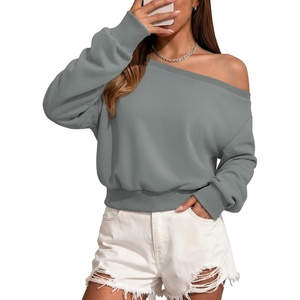 ATHMILE Womens Off the Shoulder Sweatshirt Long Sleeve Crop Top | Casual Fall Outfits,Trendy Streetwear Pullover, Comfy Sexy Y2K Hoodies,Cute Teen Girl Fashion(Gray Blue)