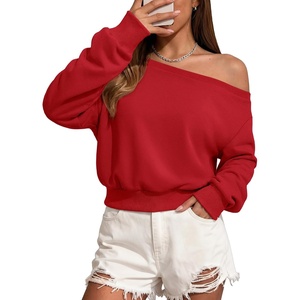 ATHMILE Womens Off the Shoulder Sweatshirt Long Sleeve Crop Top | Casual Fall Outfits,Trendy Streetwear Pullover, Comfy Sexy Y2K Hoodies,Cute Teen Girl Fashion(Red)