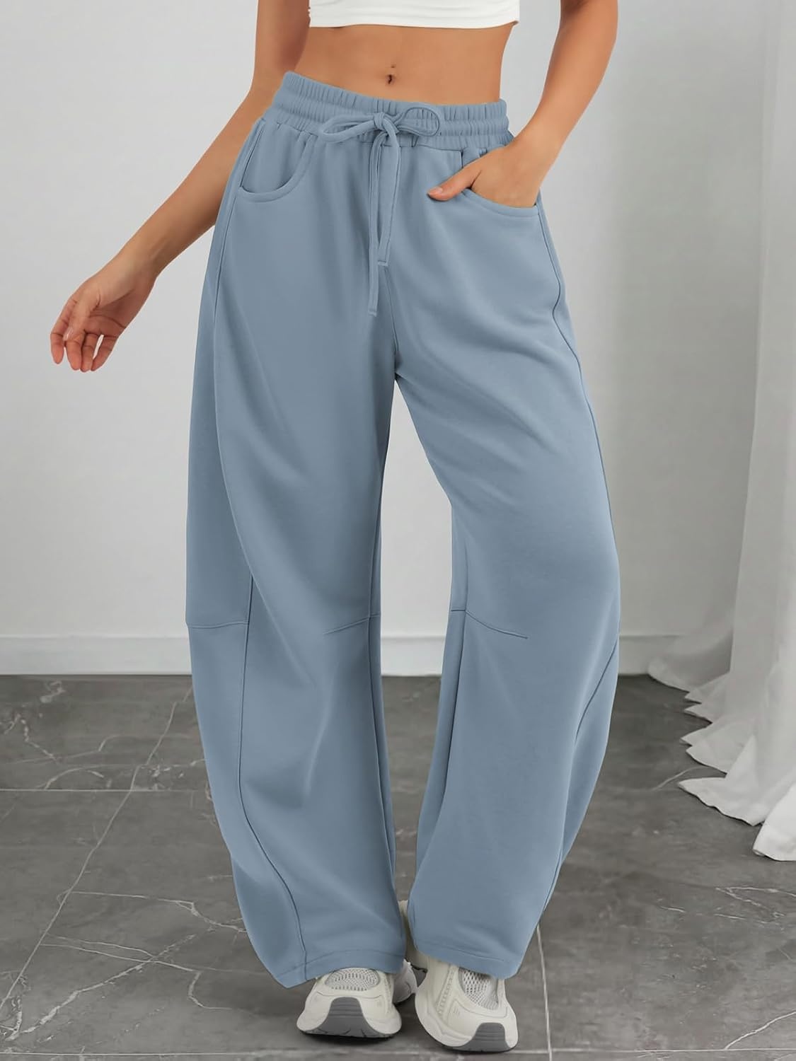 image:imageATHMILE Barrel Sweatpants Women Wide Leg Baggy Lounge Casual Pants Cotton Fall Winter Teen Girl Fashion Comfy Flowy with PocketAdusty Blue