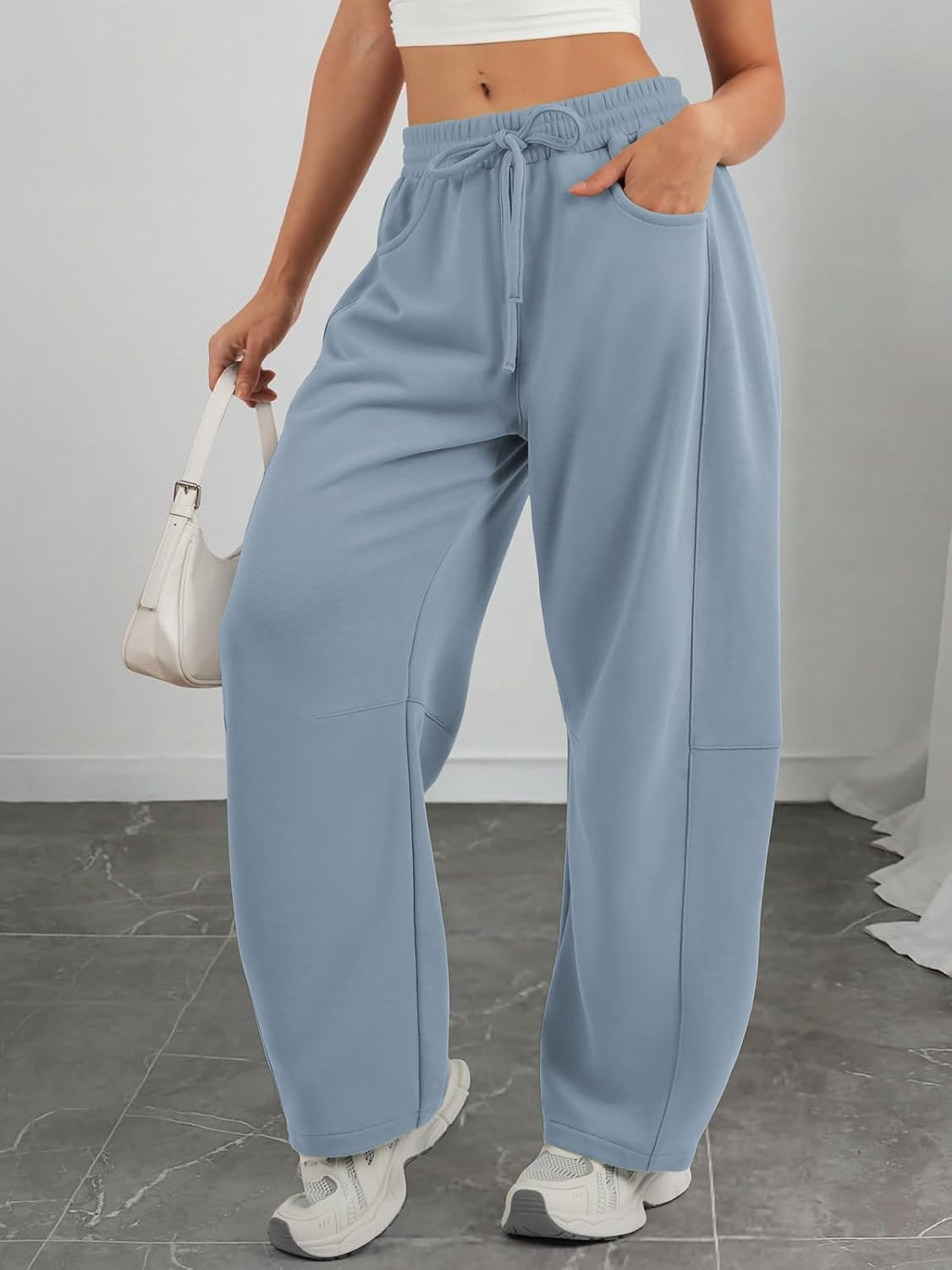 image:imageATHMILE Barrel Sweatpants Women Wide Leg Baggy Lounge Casual Pants Cotton Fall Winter Teen Girl Fashion Comfy Flowy with PocketAdusty Blue