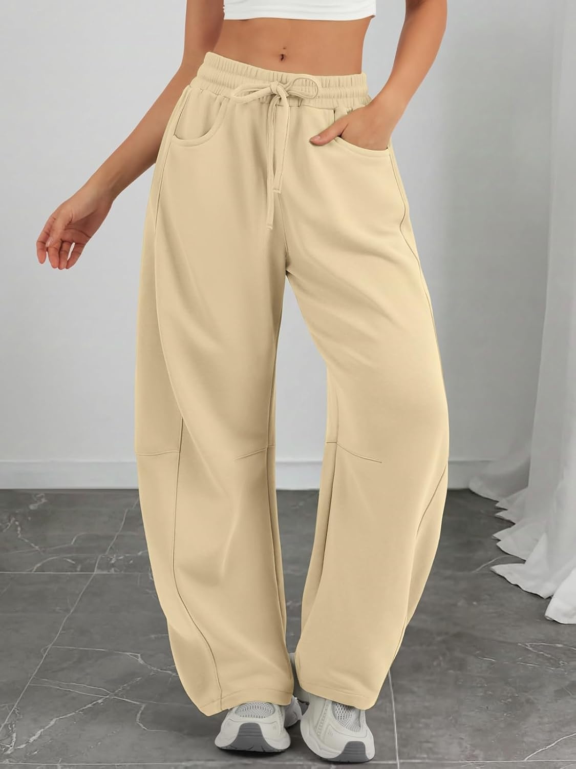 image:imageATHMILE Barrel Sweatpants Women Wide Leg Baggy Lounge Casual Pants Cotton Fall Winter Teen Girl Fashion Comfy Flowy with PocketAlight Khaki