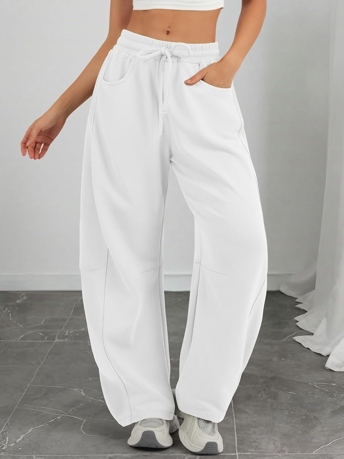 image:imageATHMILE Barrel Sweatpants Women Wide Leg Baggy Lounge Casual Pants Cotton Fall Winter Teen Girl Fashion Comfy Flowy with PocketAwhite