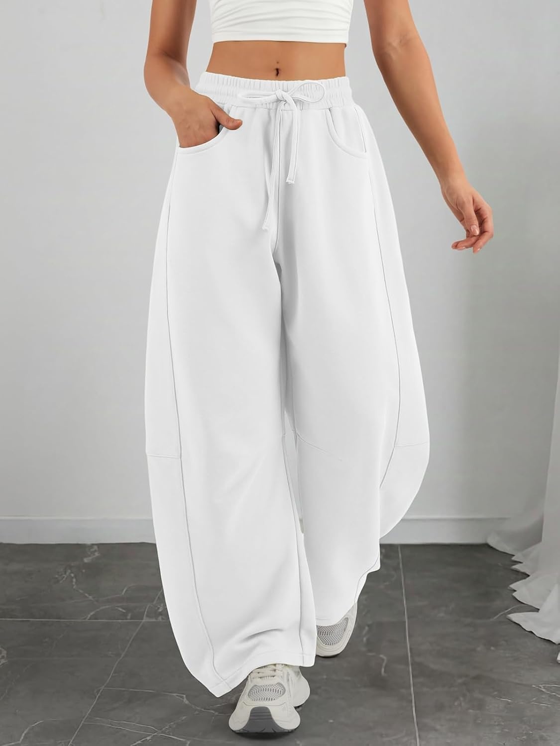 image:imageATHMILE Barrel Sweatpants Women Wide Leg Baggy Lounge Casual Pants Cotton Fall Winter Teen Girl Fashion Comfy Flowy with PocketAwhite