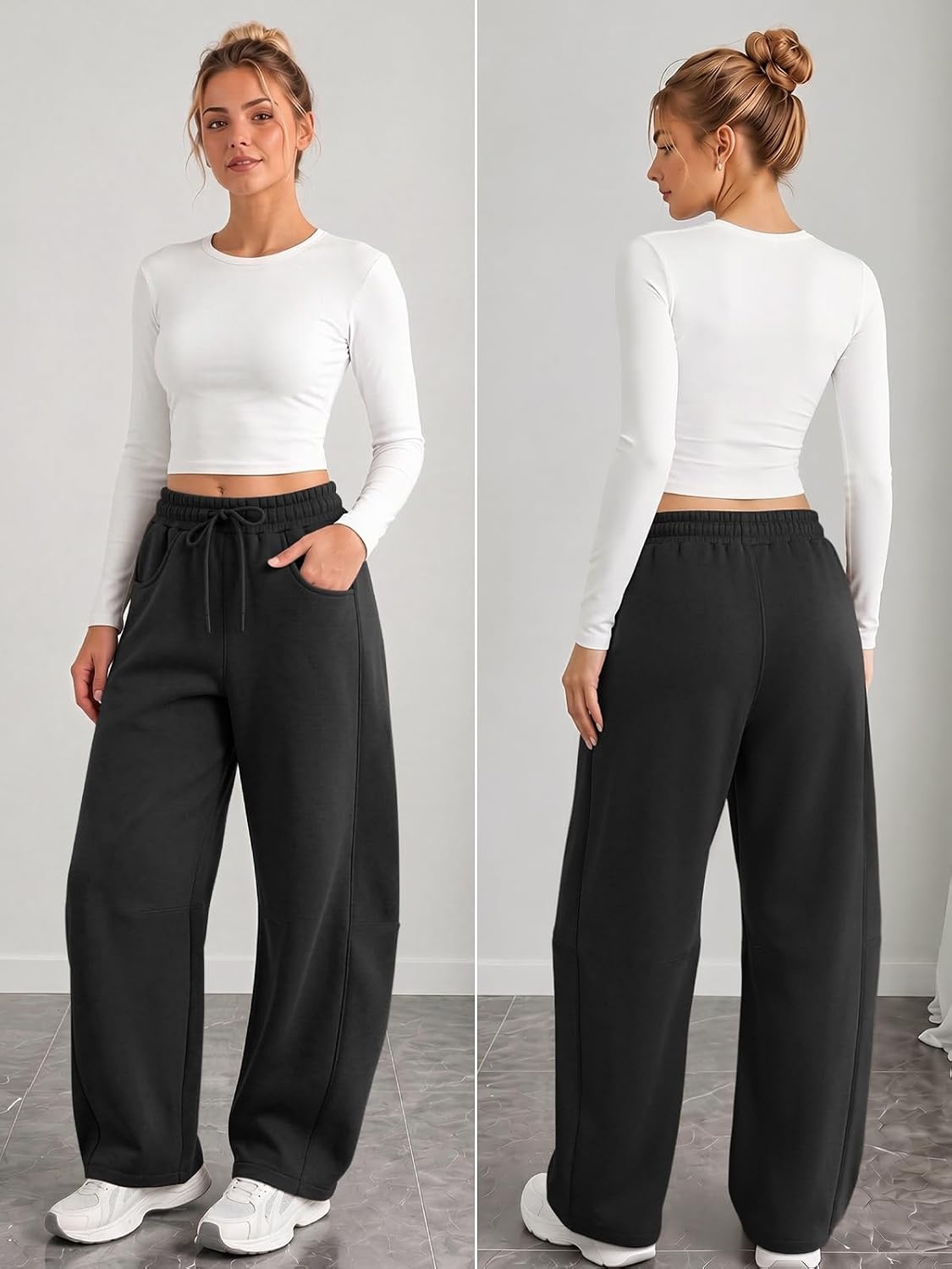 image:imageATHMILE Barrel Sweatpants Women Wide Leg Baggy Lounge Casual Pants Cotton Fall Winter Teen Girl Fashion Comfy Flowy with PocketBblack
