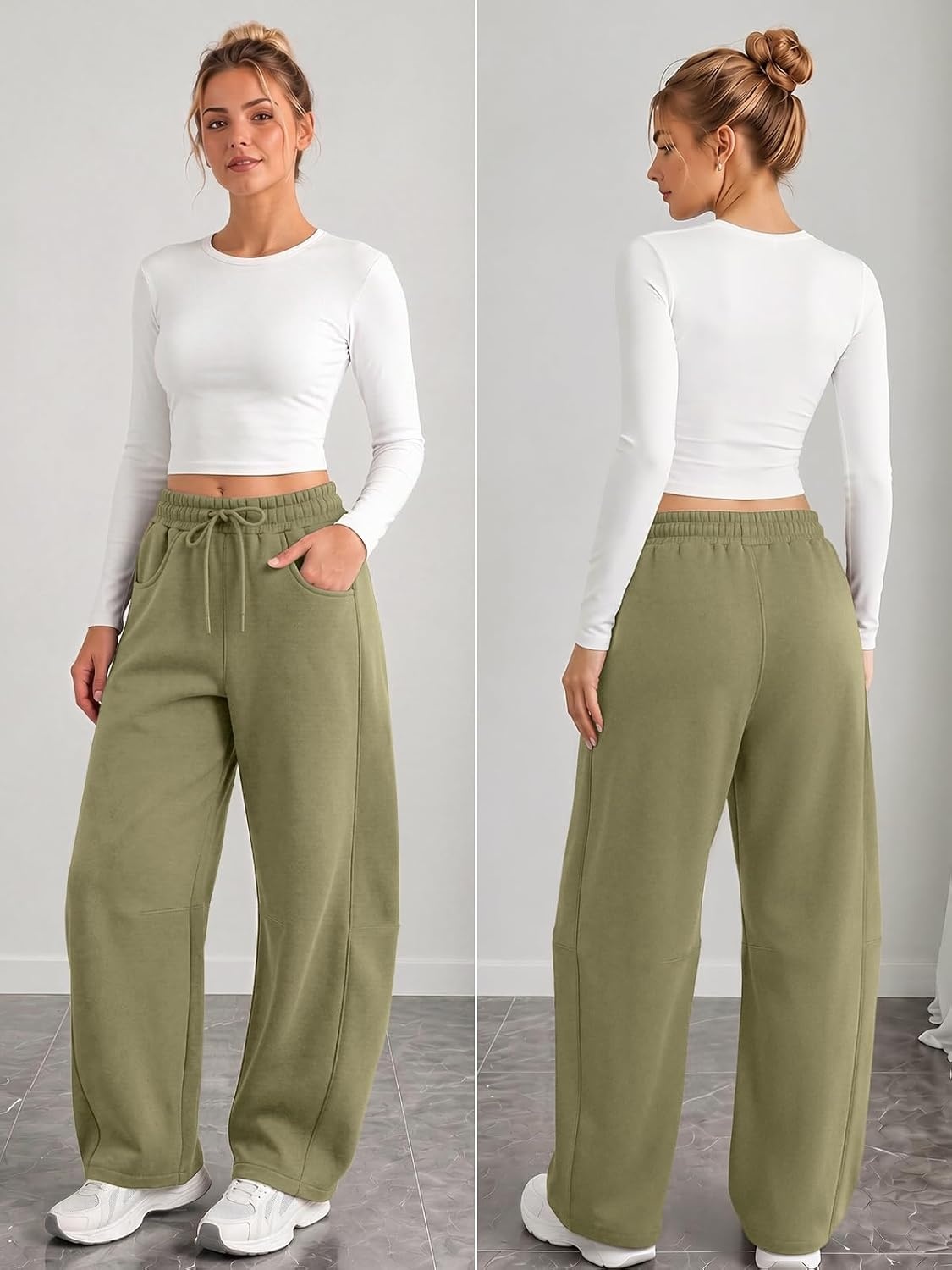 image:imageATHMILE Barrel Sweatpants Women Wide Leg Baggy Lounge Casual Pants Cotton Fall Winter Teen Girl Fashion Comfy Flowy with PocketBolive Green