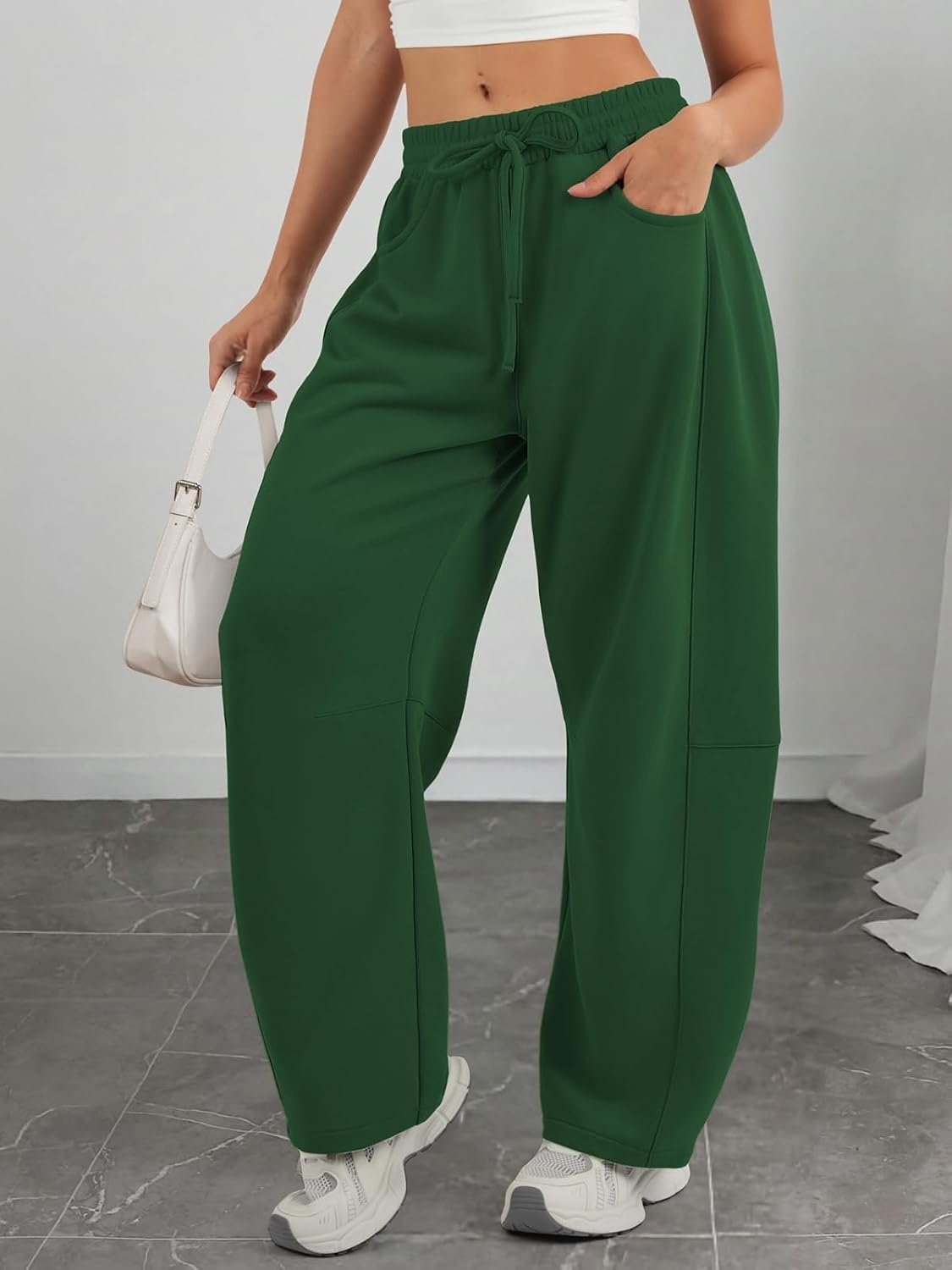 image:imageATHMILE Barrel Sweatpants Women Wide Leg Baggy Lounge Casual Pants Cotton Fall Winter Teen Girl Fashion Comfy Flowy with PocketDark Green