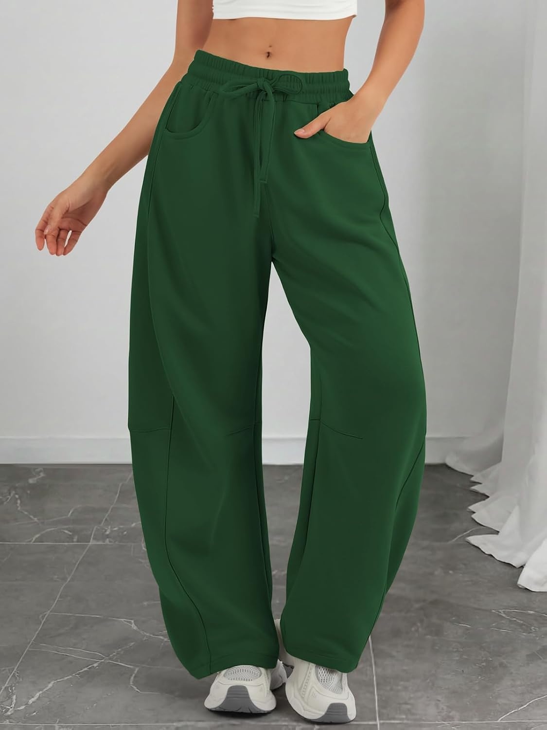 image:imageATHMILE Barrel Sweatpants Women Wide Leg Baggy Lounge Casual Pants Cotton Fall Winter Teen Girl Fashion Comfy Flowy with PocketDark Green