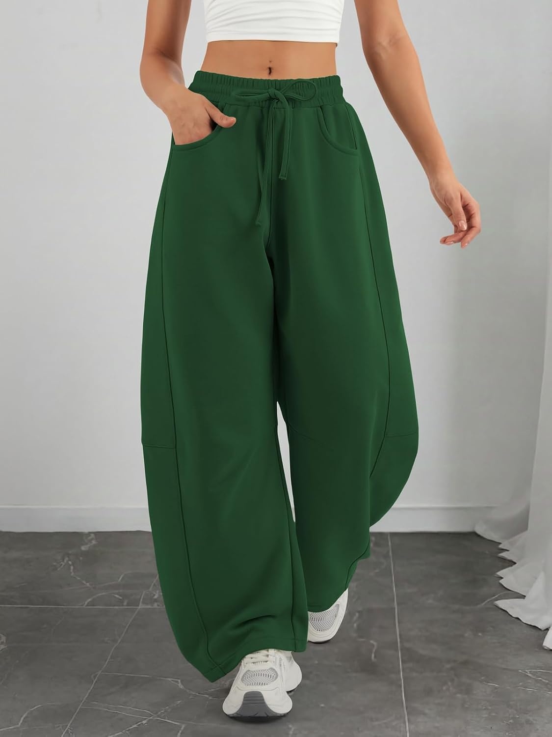 image:imageATHMILE Barrel Sweatpants Women Wide Leg Baggy Lounge Casual Pants Cotton Fall Winter Teen Girl Fashion Comfy Flowy with PocketDark Green
