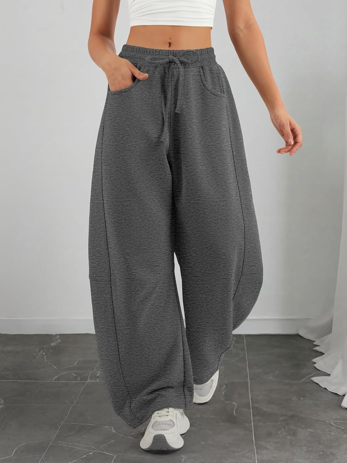image:imageATHMILE Barrel Sweatpants Women Wide Leg Baggy Lounge Casual Pants Cotton Fall Winter Teen Girl Fashion Comfy Flowy with PocketDark Grey