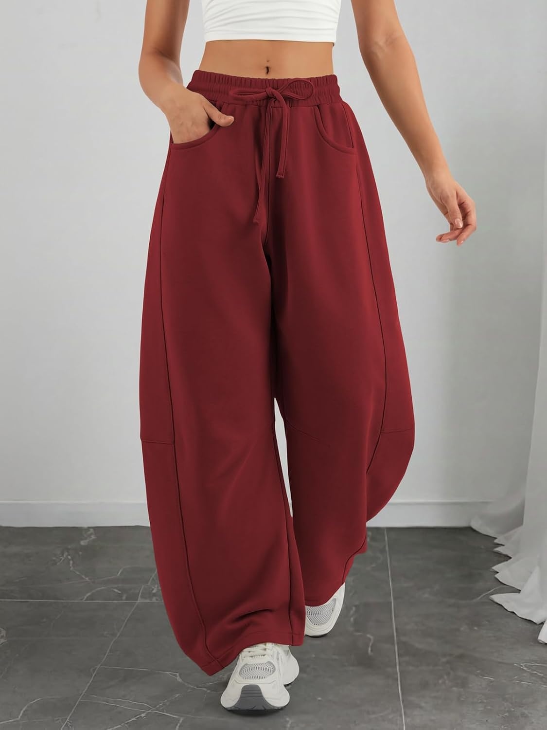 image:imageATHMILE Barrel Sweatpants Women Wide Leg Baggy Lounge Casual Pants Cotton Fall Winter Teen Girl Fashion Comfy Flowy with PocketWine Red