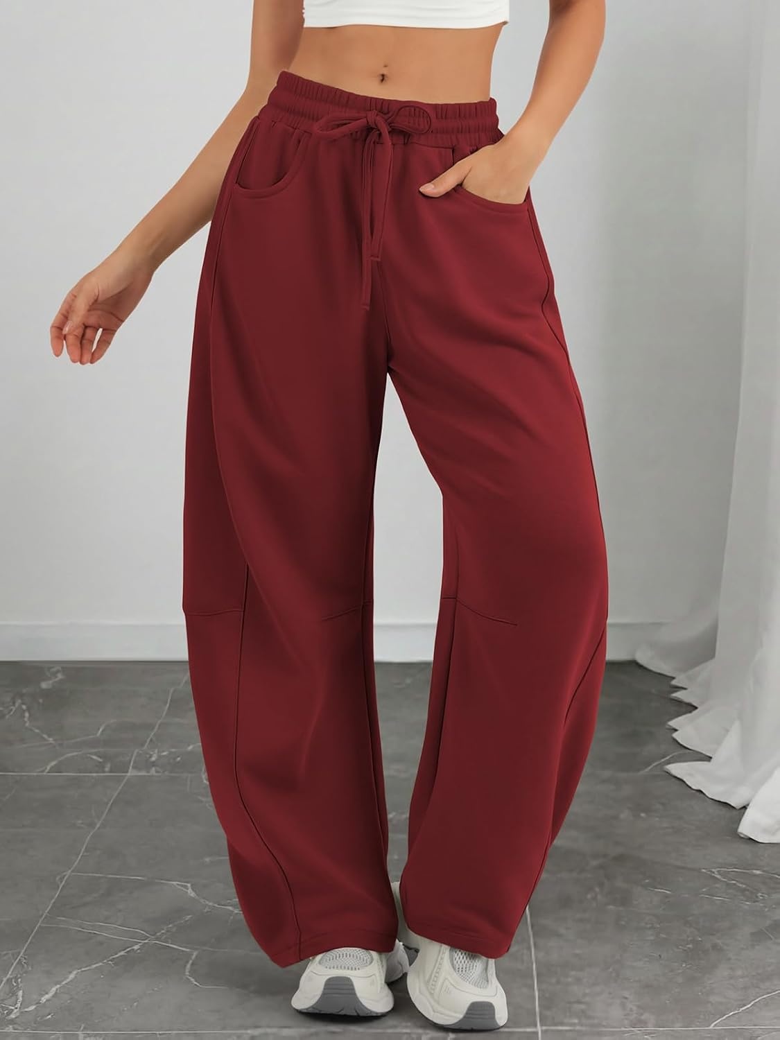 image:imageATHMILE Barrel Sweatpants Women Wide Leg Baggy Lounge Casual Pants Cotton Fall Winter Teen Girl Fashion Comfy Flowy with PocketWine Red