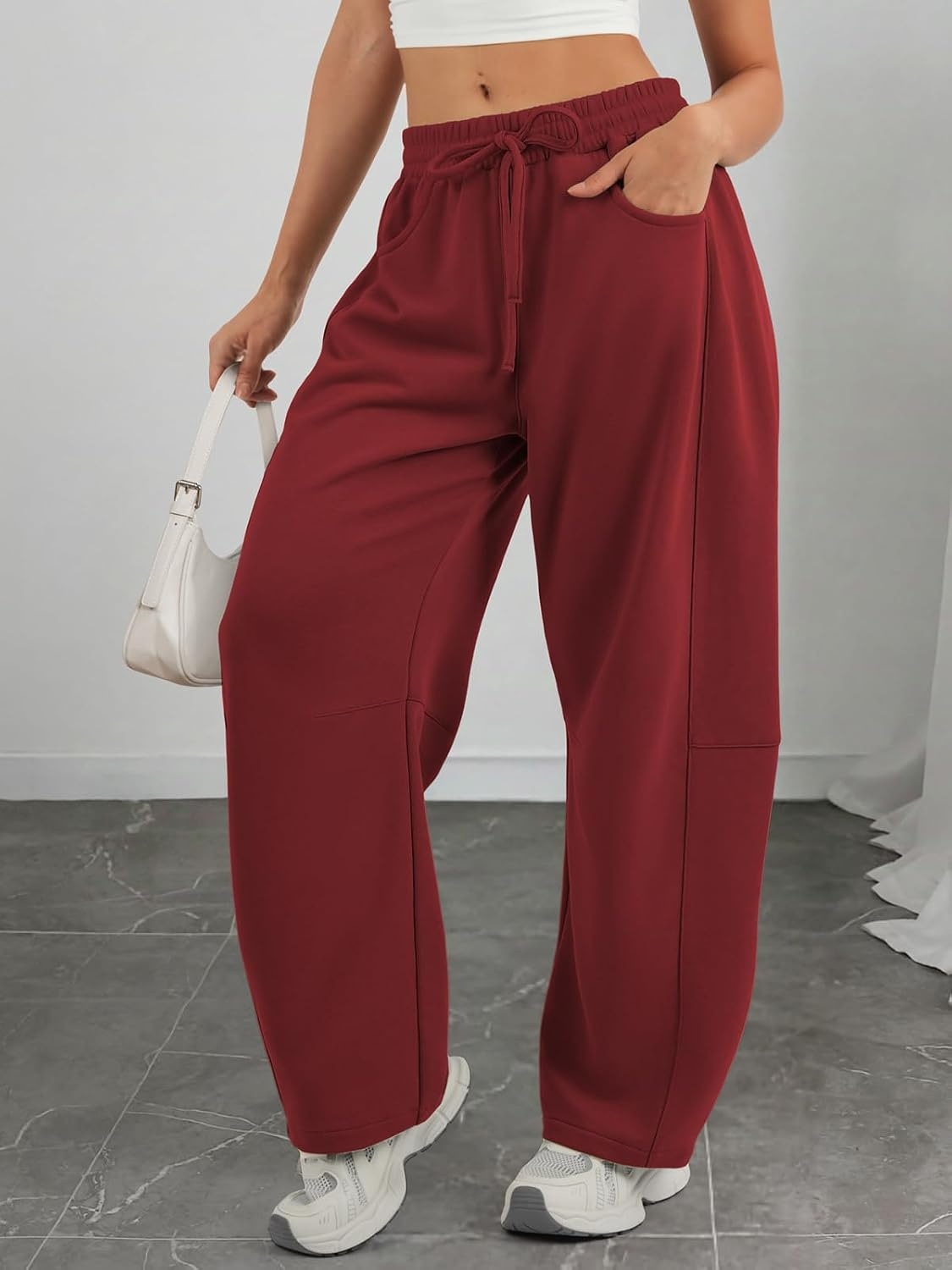 image:imageATHMILE Barrel Sweatpants Women Wide Leg Baggy Lounge Casual Pants Cotton Fall Winter Teen Girl Fashion Comfy Flowy with PocketWine Red