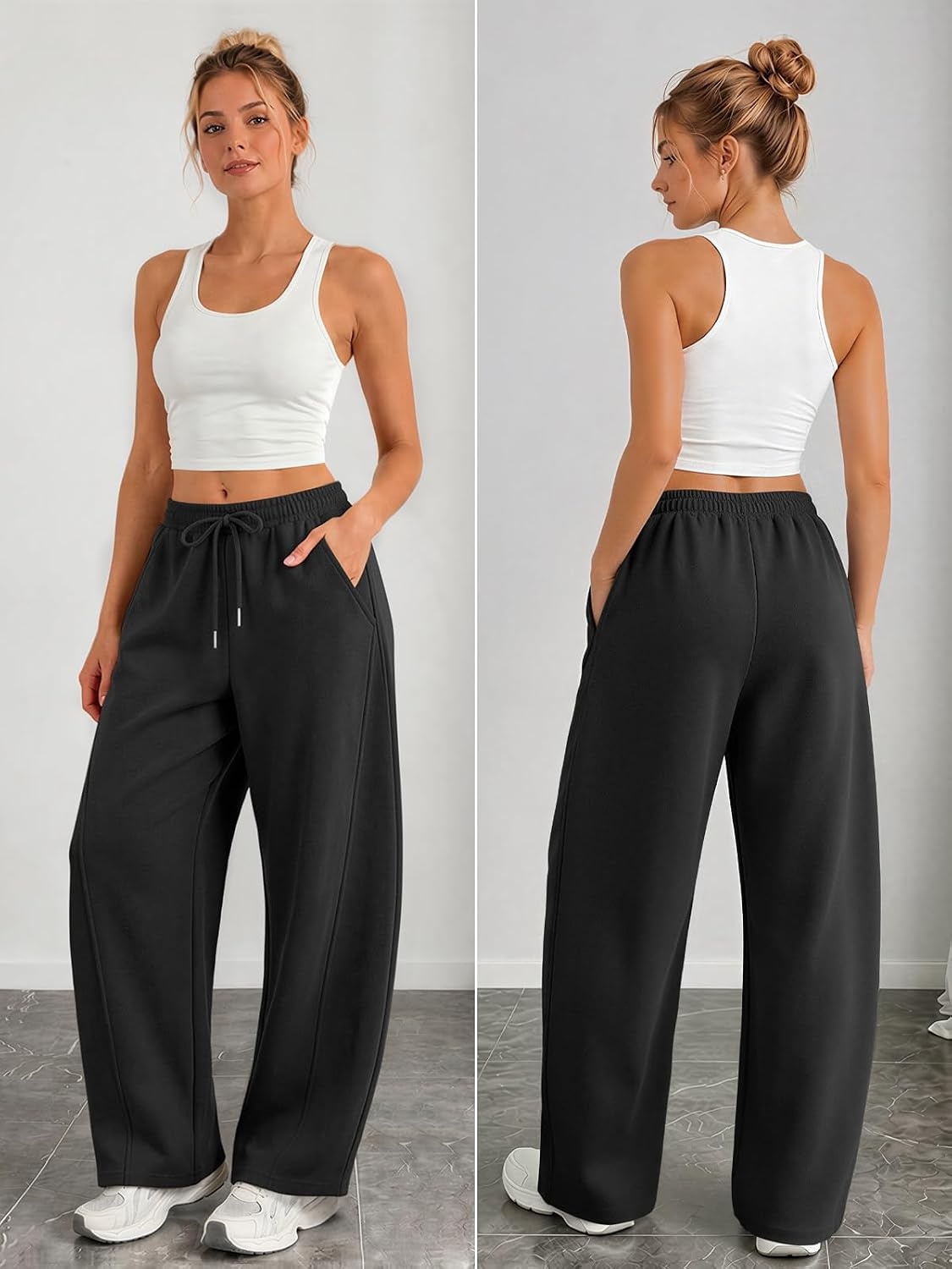 image:imageATHMILE Barrel Sweatpants Women Y2K Wide Leg Baggy Sweat Pants Plus Size Drawstring Lounge Joggers with PocketsBlack