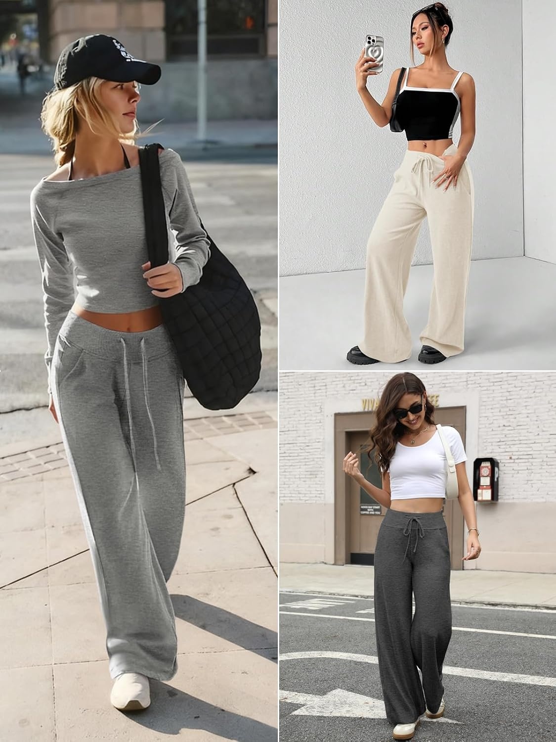 image:imageSweatpants Women Fall Outfits Wide Leg Baggy Pants HighWaisted Drawstring Sweat Pants Fashion Joggers with PocketBlack