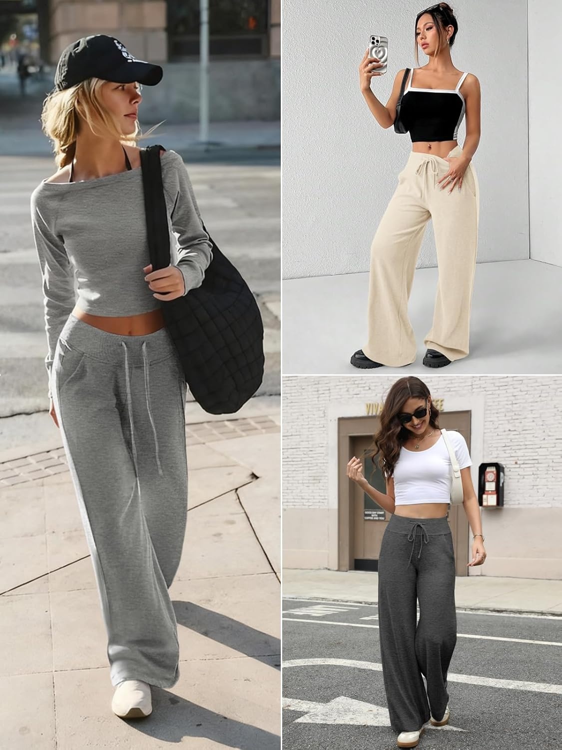 image:imageSweatpants Women Fall Outfits Wide Leg Baggy Pants HighWaisted Drawstring Sweat Pants Fashion Joggers with PocketGrey