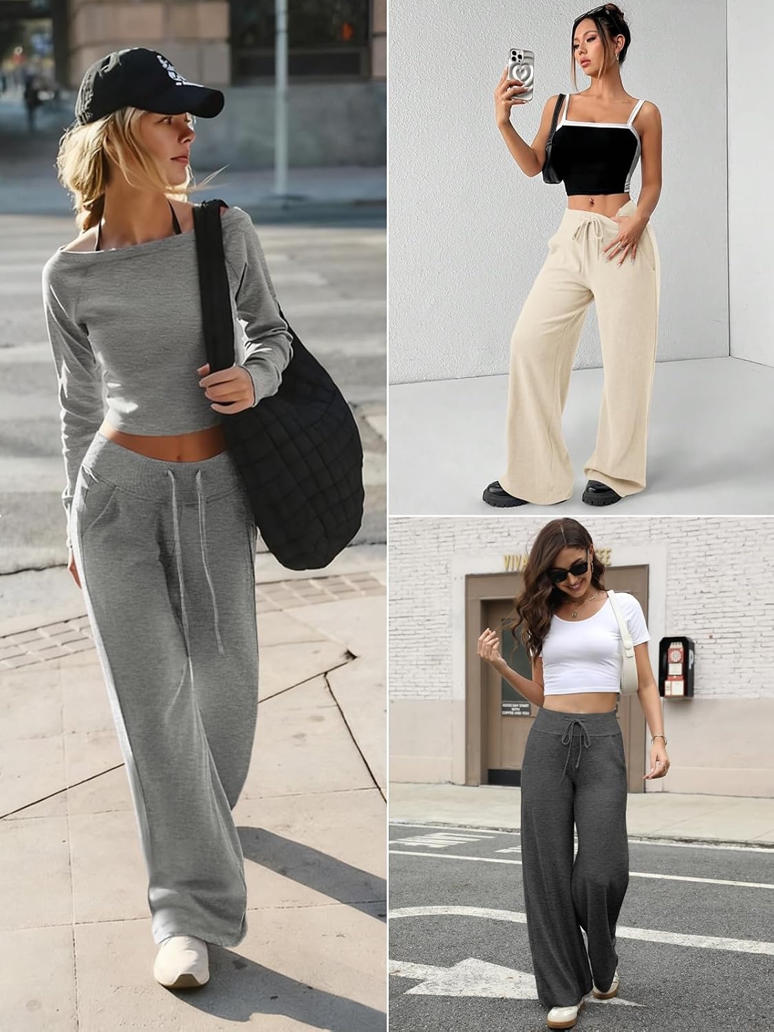 image:imageWomens Wide Leg Sweatpants Baggy Drawstring Sweat Pants High Waisted Straight Leg Casual Fashion Fall Workout Gym JoggersBlack
