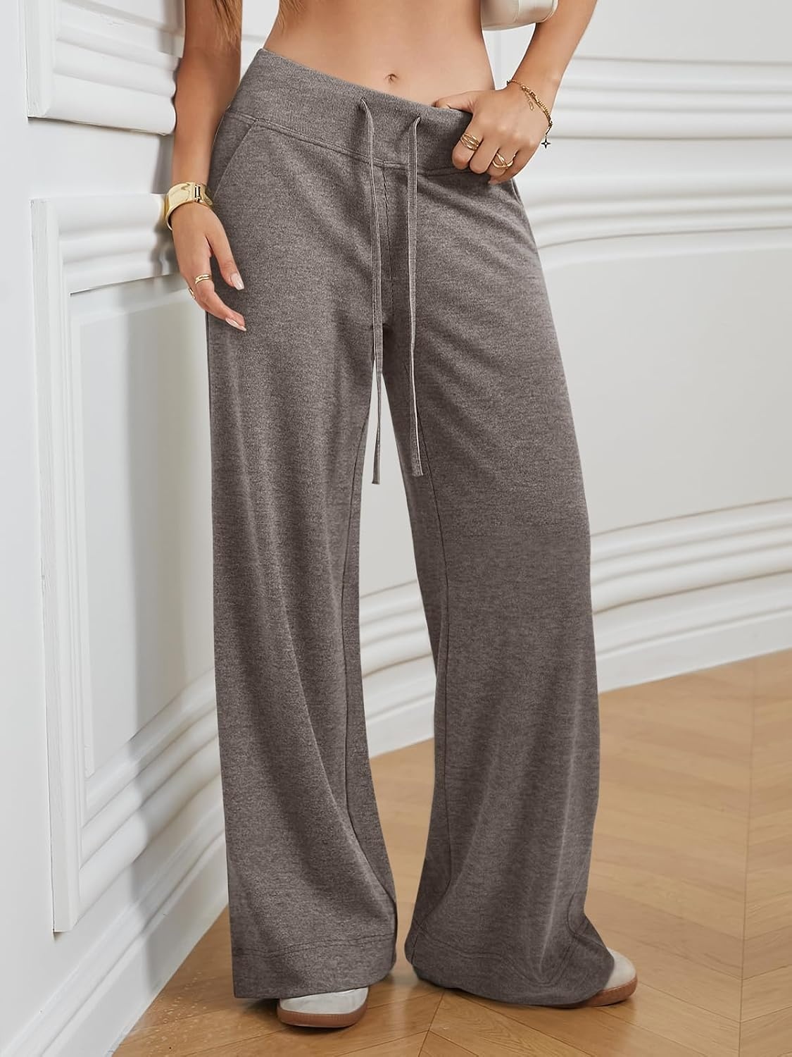 image:imageWomens Wide Leg Sweatpants Baggy Drawstring Sweat Pants High Waisted Straight Leg Casual Fashion Fall Workout Gym JoggersTaupe
