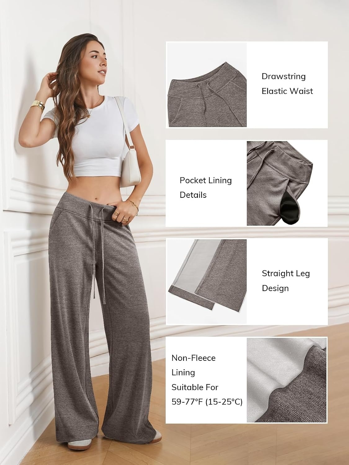image:imageWomens Wide Leg Sweatpants Baggy Drawstring Sweat Pants High Waisted Straight Leg Casual Fashion Fall Workout Gym JoggersTaupe