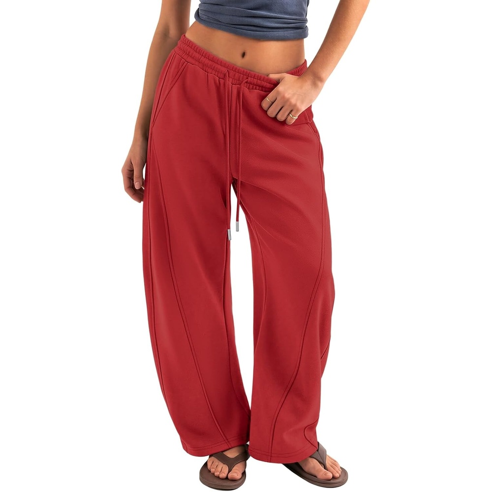 image:imageATHMILE Barrel Sweatpants Women Y2K Wide Leg Baggy Sweat Pants Plus Size Drawstring Lounge Joggers with PocketsRed
