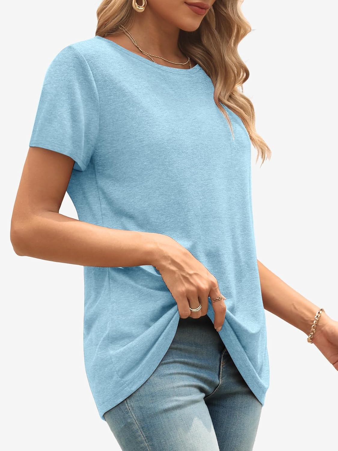image:imageATHMILE Womens Basic T Shirt Crewneck Short Sleeve Summer Tops Casual Tee Cute Teen Girl Work School Teachers Outfits Fashion Everyday WearLight Blue