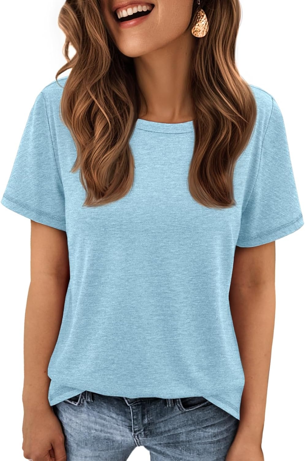 image:imageATHMILE Womens Basic T Shirt Crewneck Short Sleeve Summer Tops Casual Tee Cute Teen Girl Work School Teachers Outfits Fashion Everyday WearLight Blue