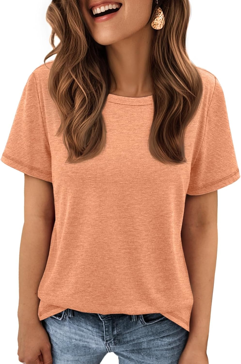 image:imageATHMILE Womens Basic T Shirt Crewneck Short Sleeve Summer Tops Casual Tee Cute Teen Girl Work School Teachers Outfits Fashion Everyday WearLight Orange
