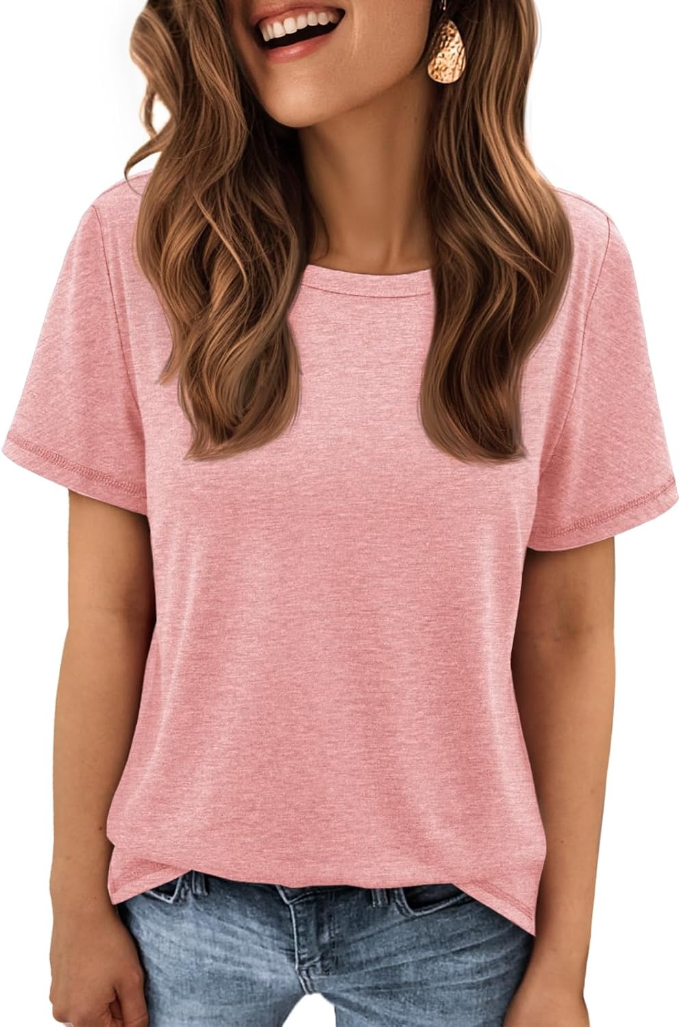 image:imageATHMILE Womens Basic T Shirt Crewneck Short Sleeve Summer Tops Casual Tee Cute Teen Girl Work School Teachers Outfits Fashion Everyday WearLight Pink