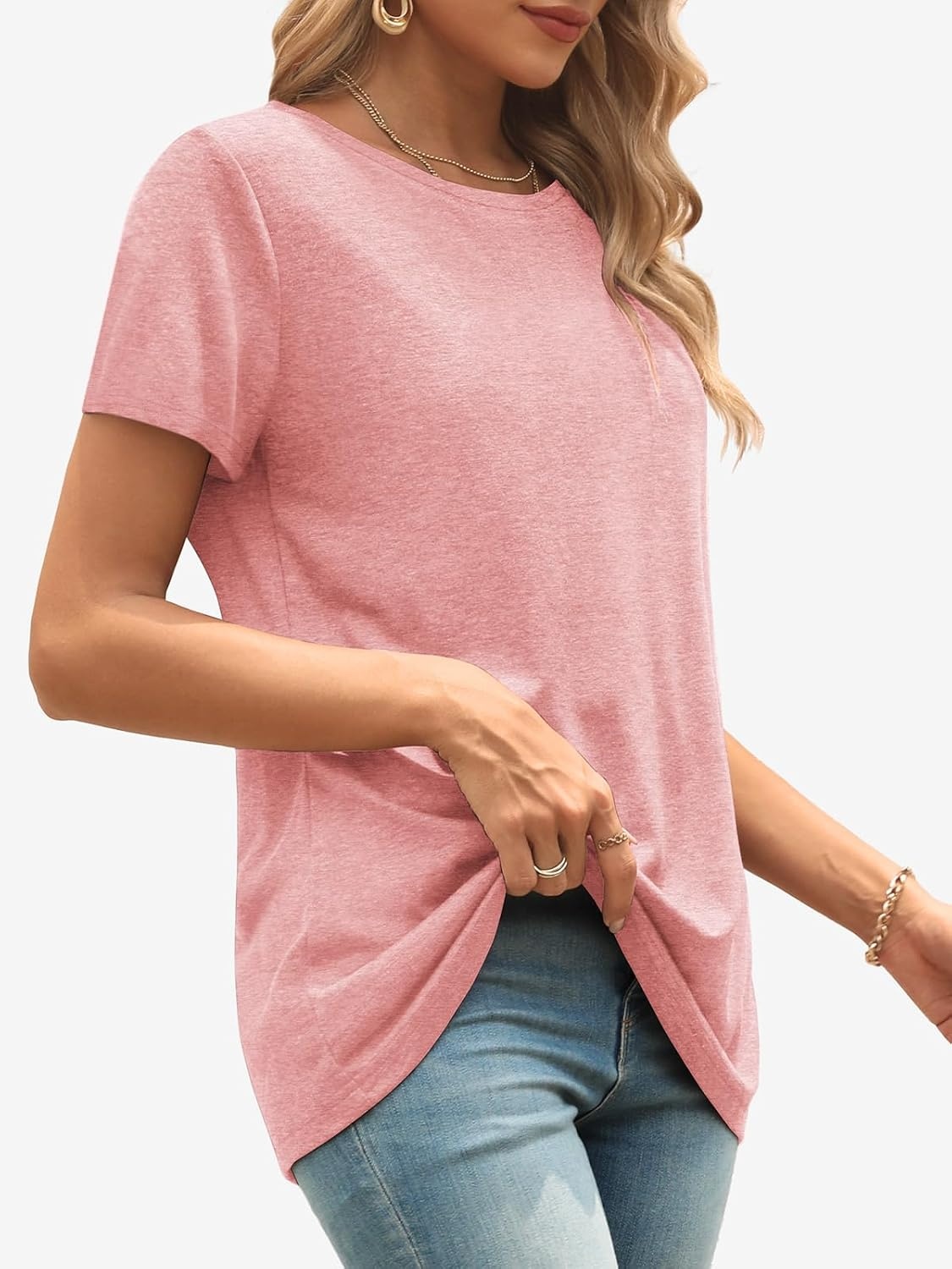 image:imageATHMILE Womens Basic T Shirt Crewneck Short Sleeve Summer Tops Casual Tee Cute Teen Girl Work School Teachers Outfits Fashion Everyday WearLight Pink