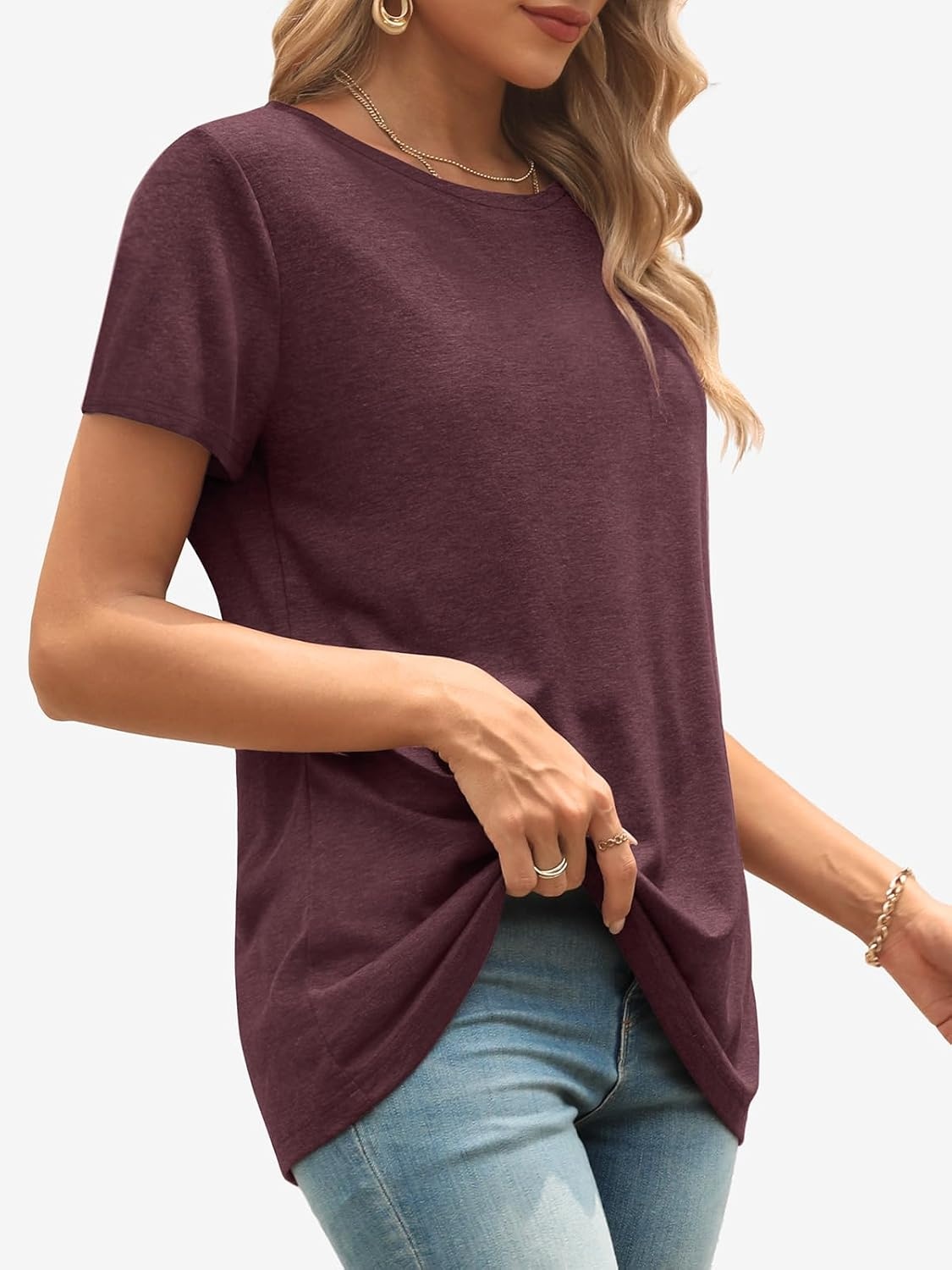 image:imageATHMILE Womens Basic T Shirt Crewneck Short Sleeve Summer Tops Casual Tee Cute Teen Girl Work School Teachers Outfits Fashion Everyday WearWine Red