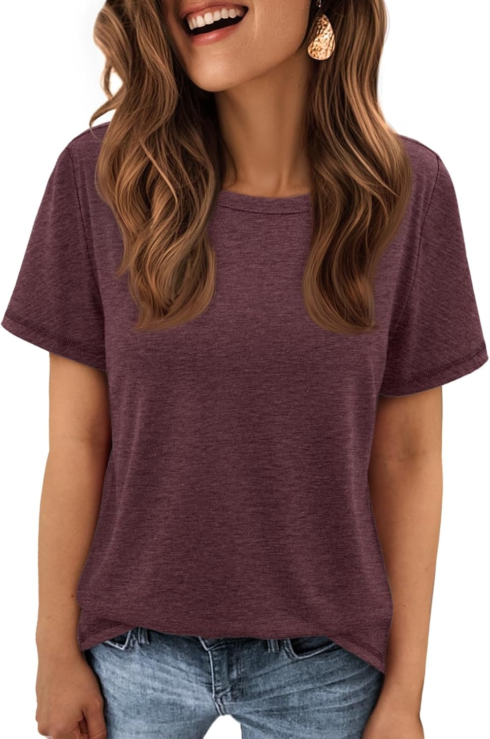 image:imageATHMILE Womens Basic T Shirt Crewneck Short Sleeve Summer Tops Casual Tee Cute Teen Girl Work School Teachers Outfits Fashion Everyday WearWine Red