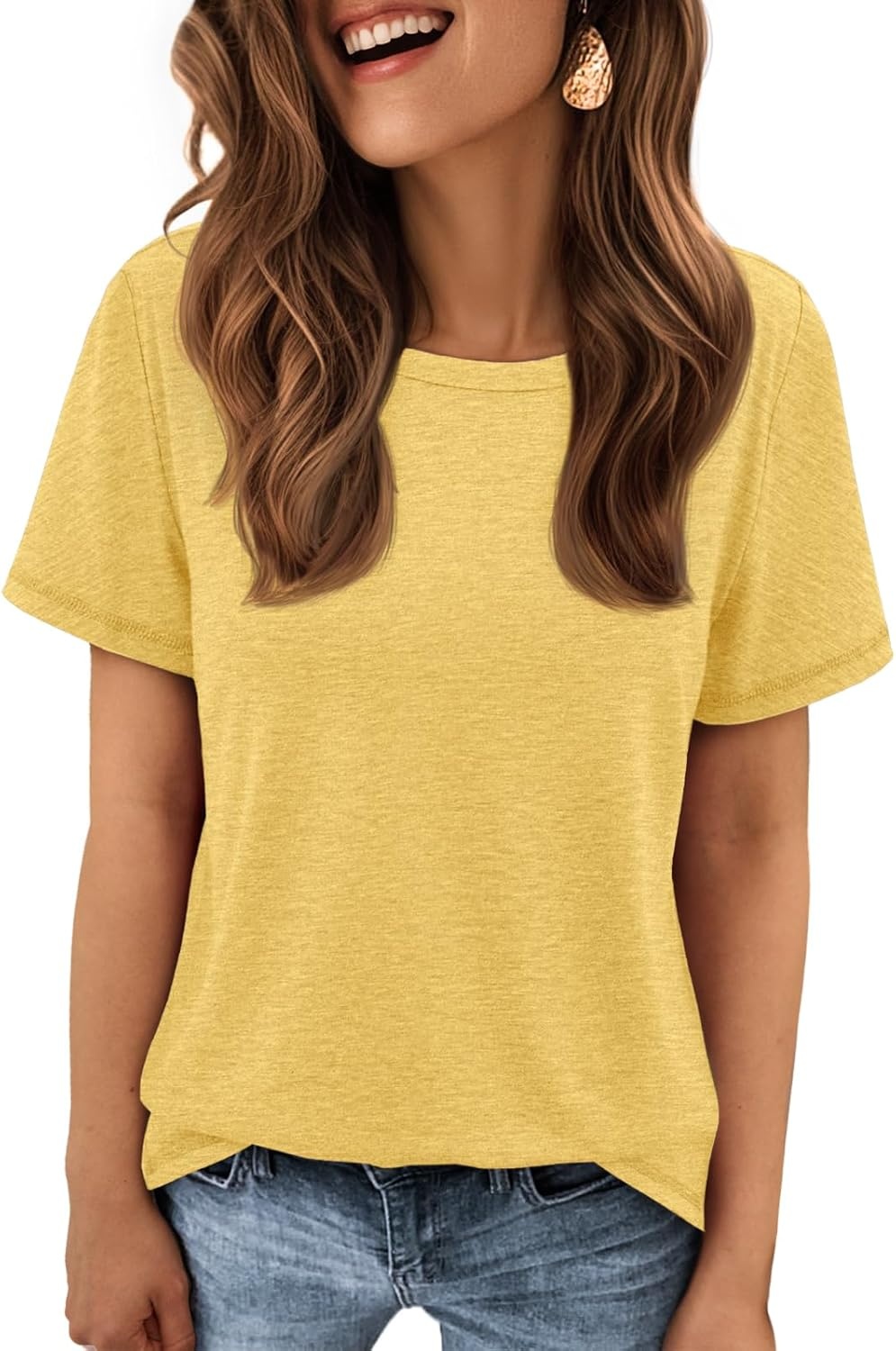image:imageATHMILE Womens Basic T Shirt Crewneck Short Sleeve Summer Tops Casual Tee Cute Teen Girl Work School Teachers Outfits Fashion Everyday WearYellow
