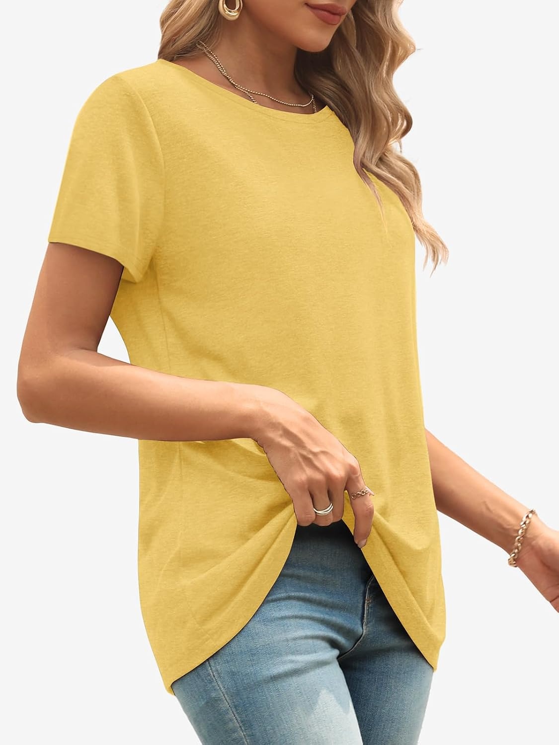 image:imageATHMILE Womens Basic T Shirt Crewneck Short Sleeve Summer Tops Casual Tee Cute Teen Girl Work School Teachers Outfits Fashion Everyday WearYellow