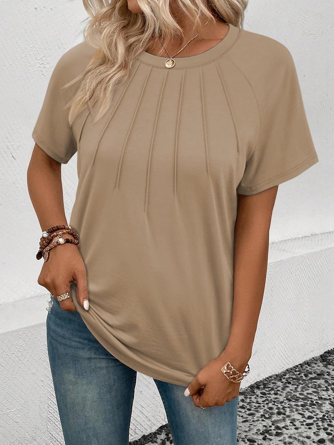 image:imageATHMILE Womens Short Sleeve Shirts Trendy Dressy Tops Business Casual Tee Fashion Knitted Blouses Y2k Outfits 2025Khaki