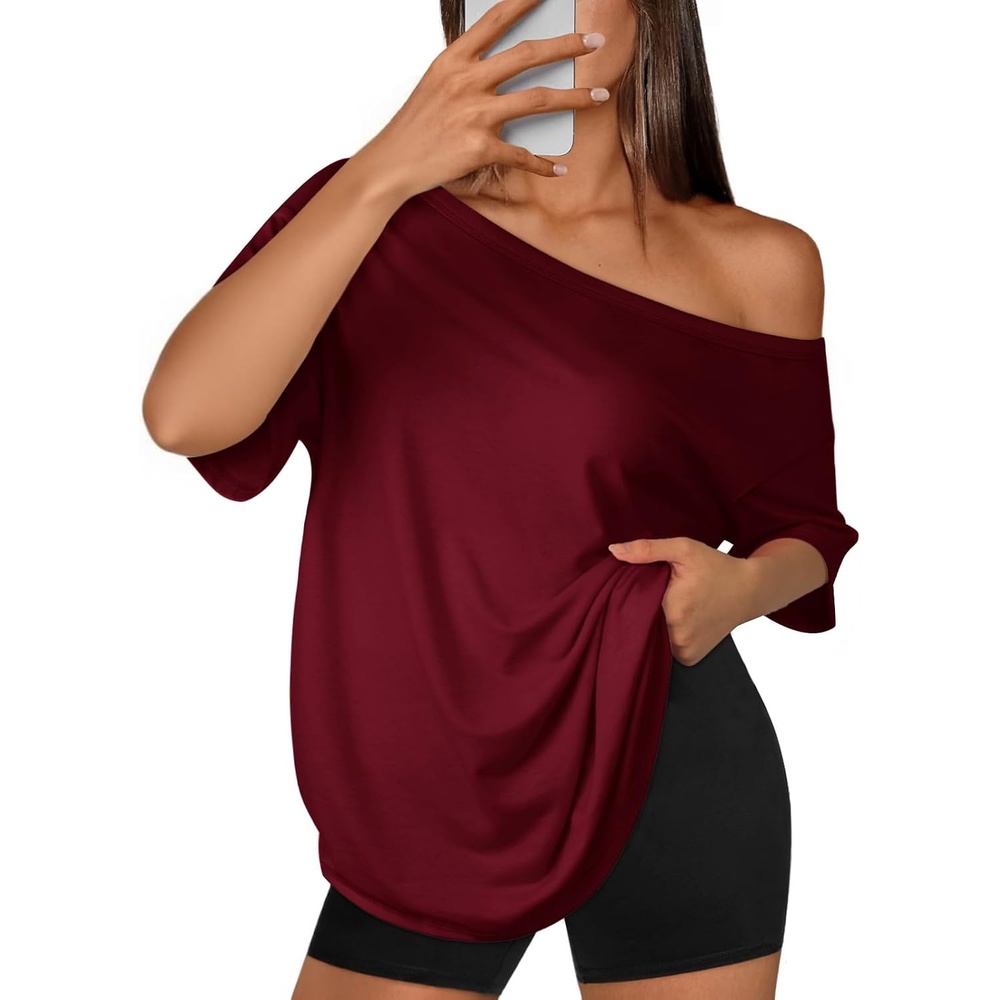 image:imageATHMILE Off The Shoulder Tops for Women 2026 Y2K Loose Fit Tops Oversized Tshirts Fashion Going Out Outfits Casual Basic Tees0winered