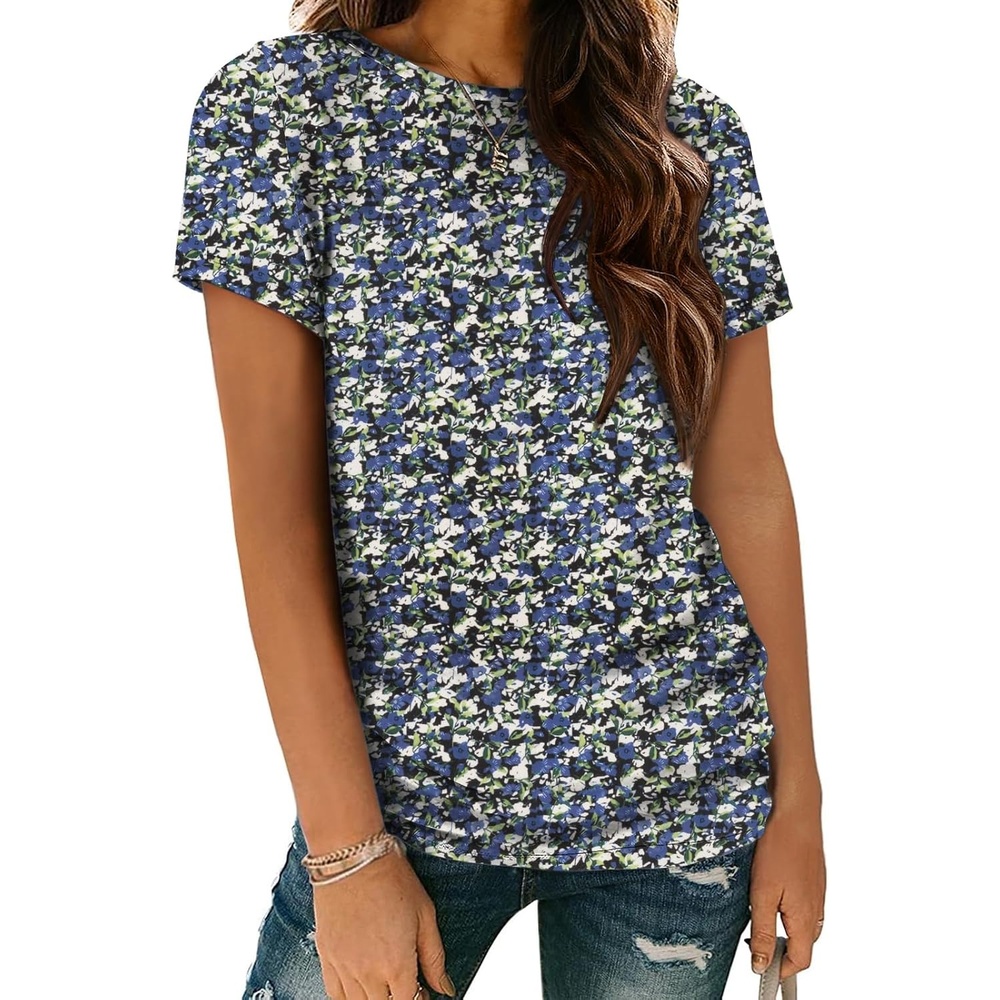 image:imageATHMILE Womens Basic T Shirt Crewneck Short Sleeve Summer Tops Casual Tee Cute Teen Girl Work School Teachers Outfits Fashion Everyday WearBlueflower