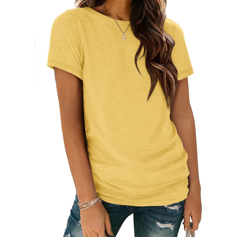 image:imageATHMILE Womens Basic T Shirt Crewneck Short Sleeve Summer Tops Casual Tee Cute Teen Girl Work School Teachers Outfits Fashion Everyday WearYellow