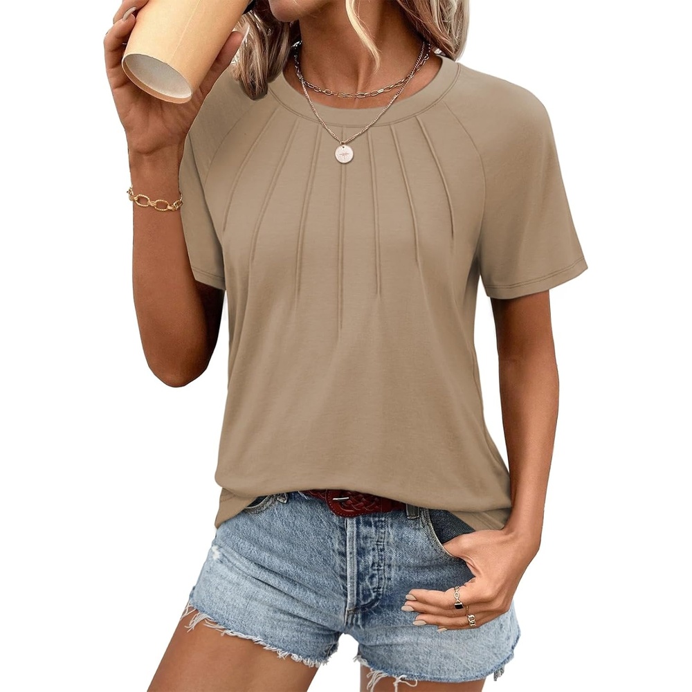 image:imageATHMILE Womens Short Sleeve Shirts Trendy Dressy Tops Business Casual Tee Fashion Knitted Blouses Y2k Outfits 2025Khaki