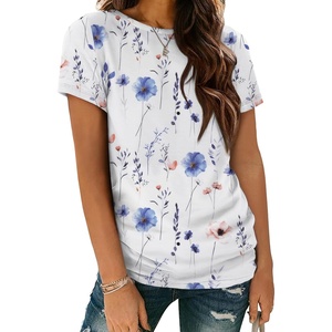 ATHMILE Womens Basic T Shirt Crewneck Short Sleeve Summer Tops | Casual Tee Cute Teen Girl Work School Teachers Outfits Fashion Everyday Wear(Whiteblueflower)