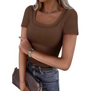 ATHMILE Womens Scoop Neck Long Sleeve Tops Fashion Ribbed Knit Shirts Slim Fitted Casual Basic Tee T Shirt for Women 2026(C-brown)