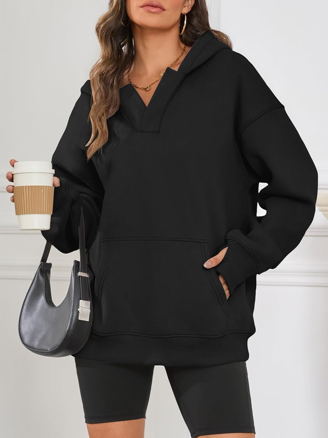 image:imageATHMILE Oversized Hoodies for Women Fashion V Neck Pullover Sweatshirts with Thumb Hole Y2k Clothes Fall Outfits 2026Black