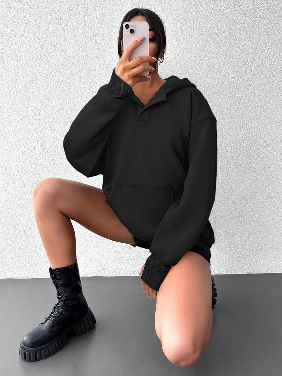 image:imageATHMILE Oversized Hoodies for Women Fashion V Neck Pullover Sweatshirts with Thumb Hole Y2k Clothes Fall Outfits 2026Black