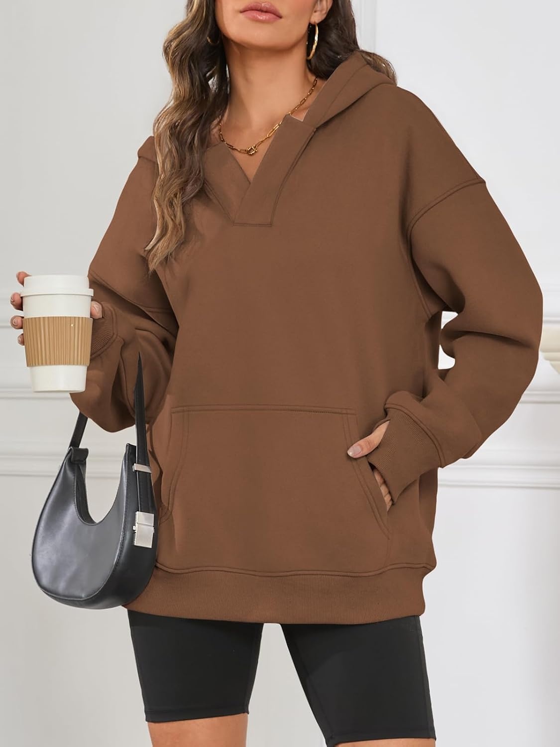 image:imageATHMILE Oversized Hoodies for Women Fashion V Neck Pullover Sweatshirts with Thumb Hole Y2k Clothes Fall Outfits 2026Coffee