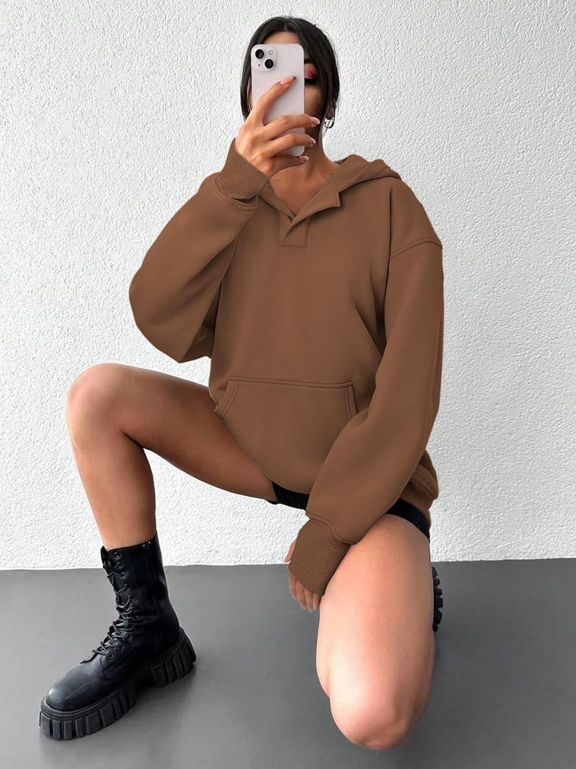 image:imageATHMILE Oversized Hoodies for Women Fashion V Neck Pullover Sweatshirts with Thumb Hole Y2k Clothes Fall Outfits 2026Coffee