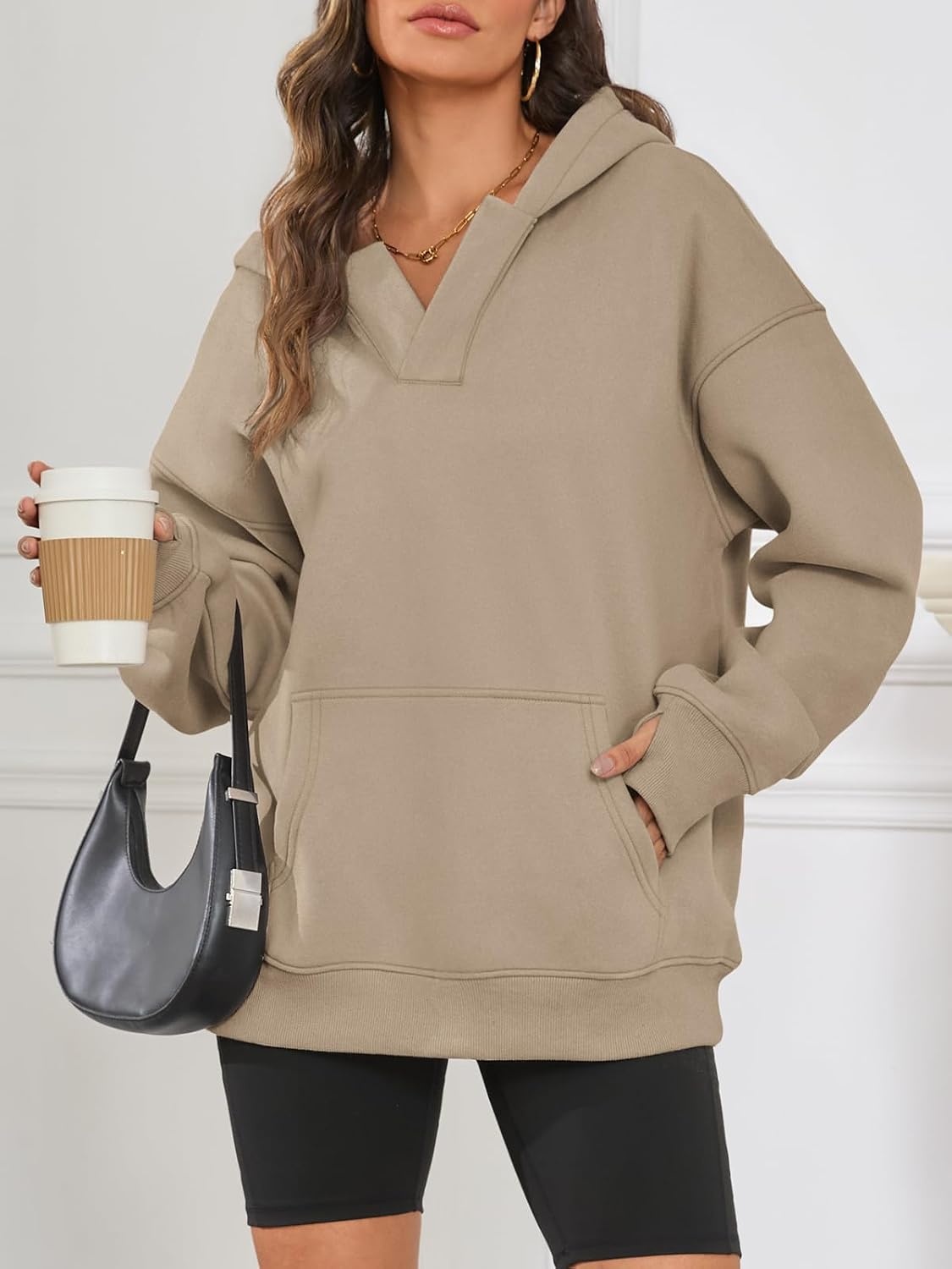 image:imageATHMILE Oversized Hoodies for Women Fashion V Neck Pullover Sweatshirts with Thumb Hole Y2k Clothes Fall Outfits 2026Coffeegrey