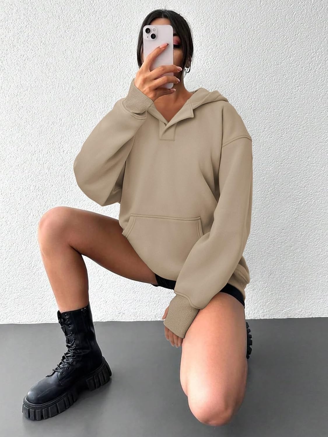 image:imageATHMILE Oversized Hoodies for Women Fashion V Neck Pullover Sweatshirts with Thumb Hole Y2k Clothes Fall Outfits 2026Coffeegrey