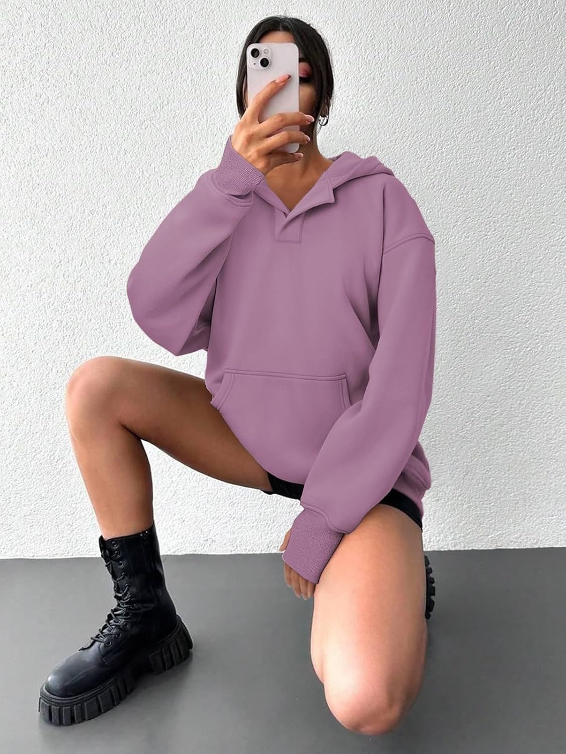 image:imageATHMILE Oversized Hoodies for Women Fashion V Neck Pullover Sweatshirts with Thumb Hole Y2k Clothes Fall Outfits 2026Dark Pink