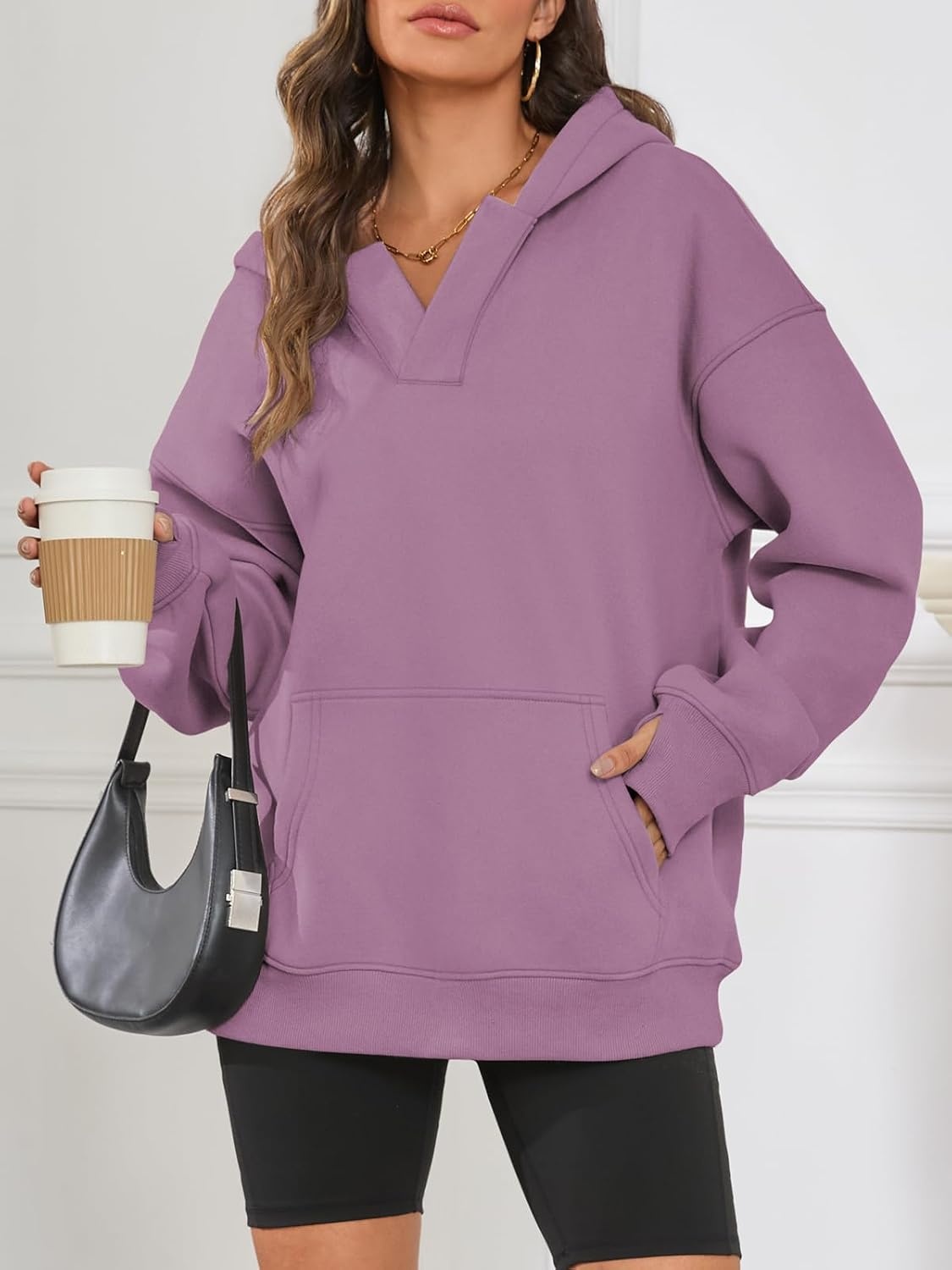 image:imageATHMILE Oversized Hoodies for Women Fashion V Neck Pullover Sweatshirts with Thumb Hole Y2k Clothes Fall Outfits 2026Dark Pink