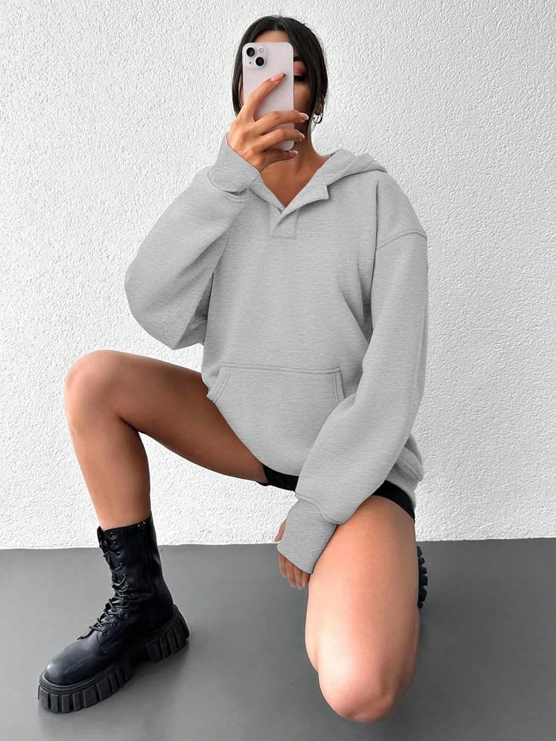image:imageATHMILE Oversized Hoodies for Women Fashion V Neck Pullover Sweatshirts with Thumb Hole Y2k Clothes Fall Outfits 2026Light Gray
