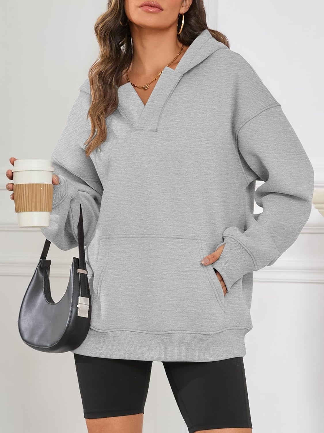image:imageATHMILE Oversized Hoodies for Women Fashion V Neck Pullover Sweatshirts with Thumb Hole Y2k Clothes Fall Outfits 2026Light Gray